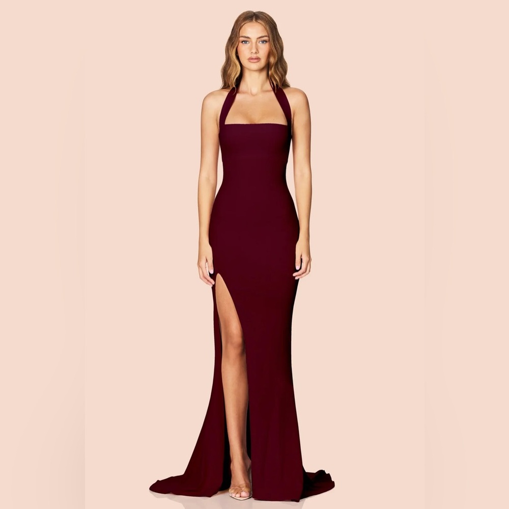 Nookie Burgundy Halter Maxi Gown with High Thigh Slit